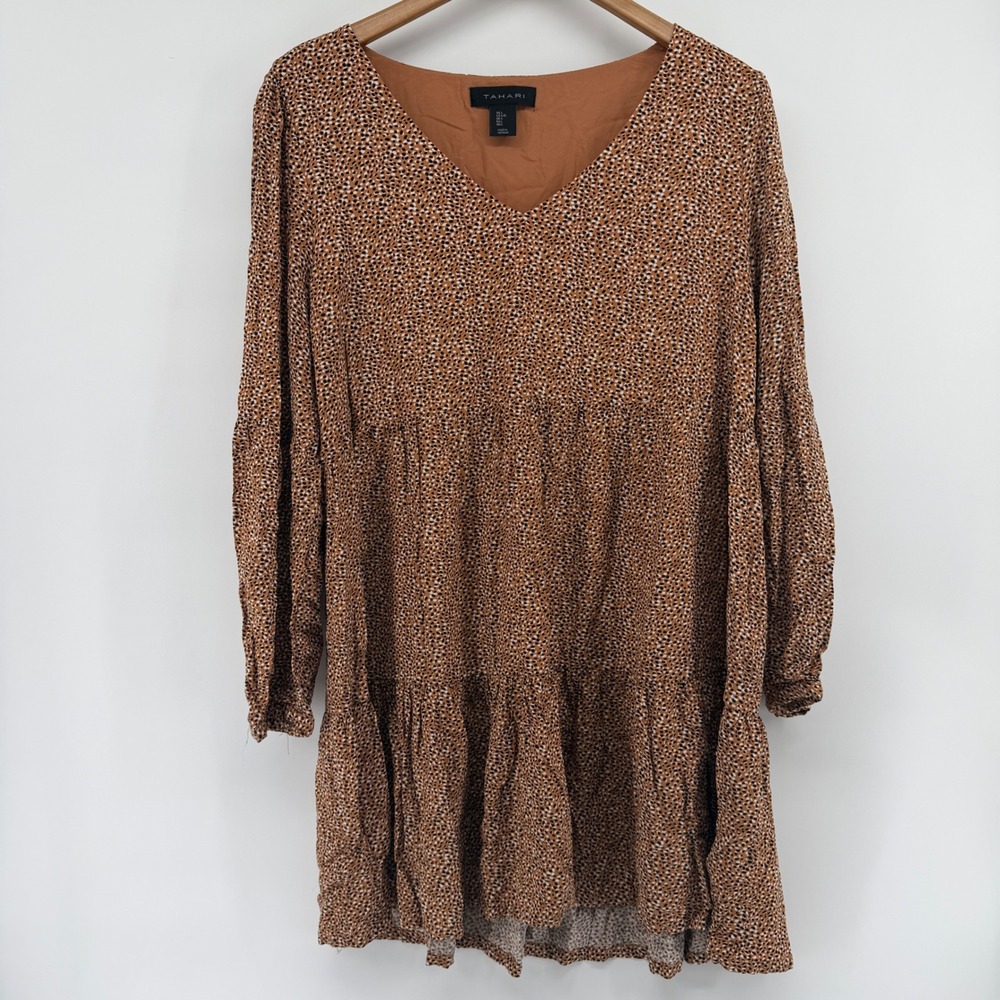 Tahari Women Rust Brown Pebble Print Tiered V-Neck Mini Dress Long Sleeve Large